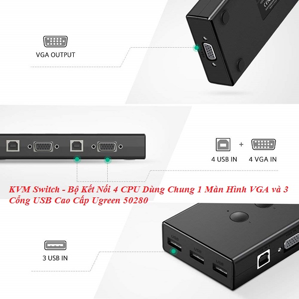 KVM Switch - Bộ Kết Nối 4 CPU Dùng Chung 1 Màn Hình VGA và 3 Cổng USB Cao Cấp Ugreen 50280